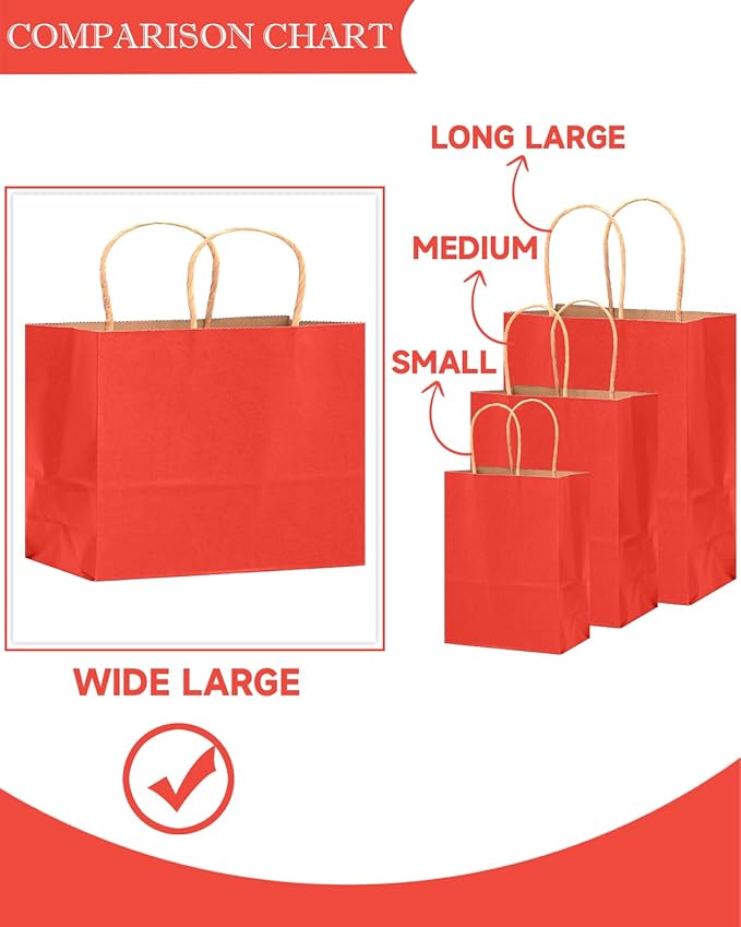 qiqee 100PCS Large Gift Bag with Handles Bulk 13"x4.5"x10" Gift Bags Kraft Red Multiple Uses (32x11x25cm,Wide Large)