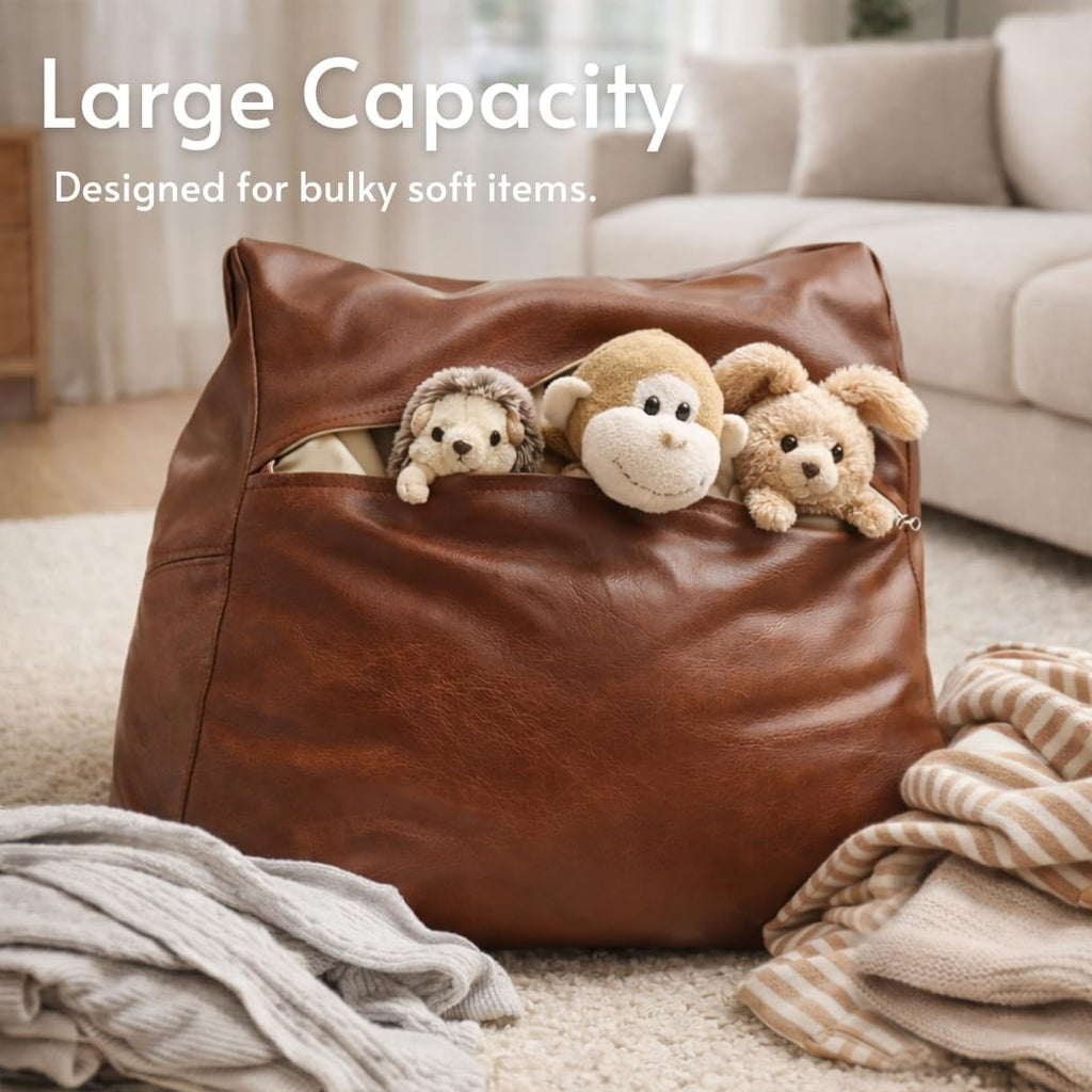 SOFTSOUL DIY Fillable Storage Ottoman – Stuff with Clothes, Blankets or Toys to Create Seat or Footstool, Space-Saving Faux Leather Square Pouf Organizer (Unfilled), 17.7”×17.7”×15.7”