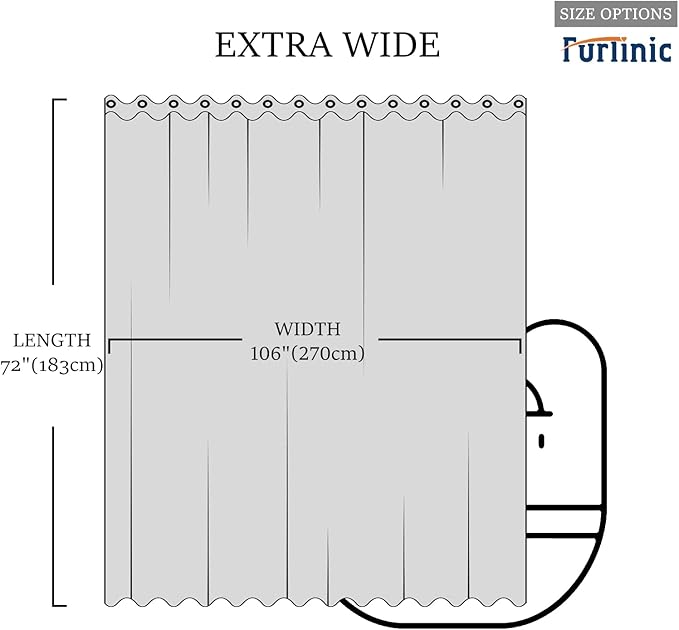 Extra Wide No Hook Black Shower Curtain 108x72 Inch,Polyester Fabric Waterproof Shower Curtain Liner with 14 Plastic Split Grommets,Washable Shower Curtains for Bathroom Hotel Spa Luxury