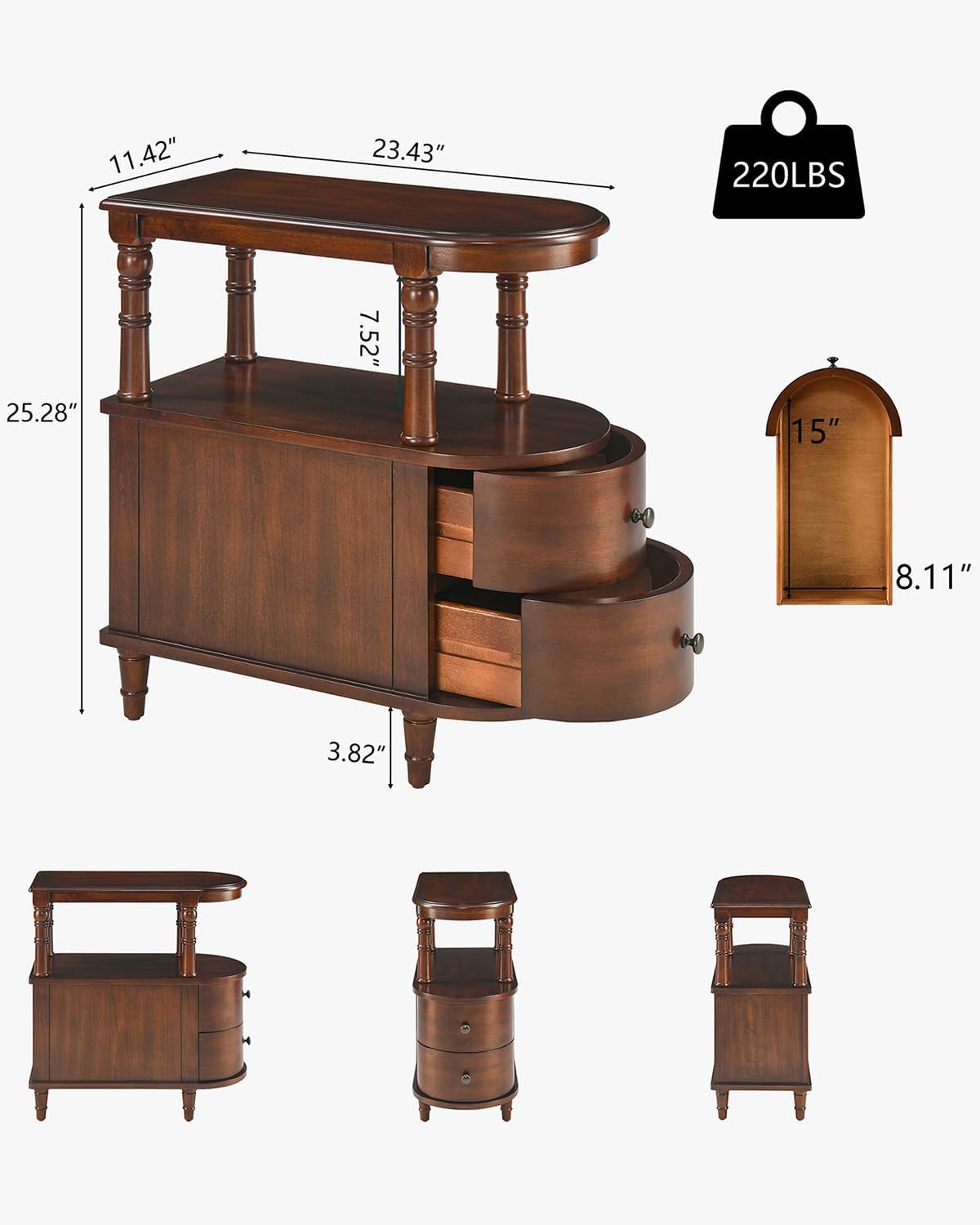 Biaco Solid Wood End Table with 2 Drawers & Shelf - Cherry Walnut Vintage Narrow Side Table, Pre-Assembled Slim Nightstand for Bedroom/Living Room (23.4" Dx11.4 Wx25.3 H), BG-A508-CY