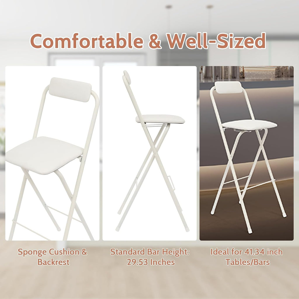 2PCS Folding Bar Stool with Backrest, 29.53in Tall Folding Chair Counter Height Foldable Chairs Tall Bar Collapsible Stools for Kitchen, Shop, Cafe, Dining Room (White)