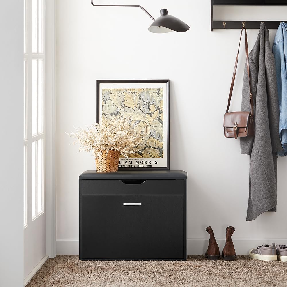 SoBuy Small Shoe Bench, Narrow Shoe Cabinet with Folding Padded Seat, Small Space Shoe Rack, Black 23.6" x 11.8" x 19.3"