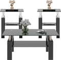 ODUSE-DAILY All Black Glass Coffee Table Set of 3 Piece, Living Room Table Set of 3 Pcs, Black Glass Coffee Table and End Table Sets, Metal Legs, Tempered Glass