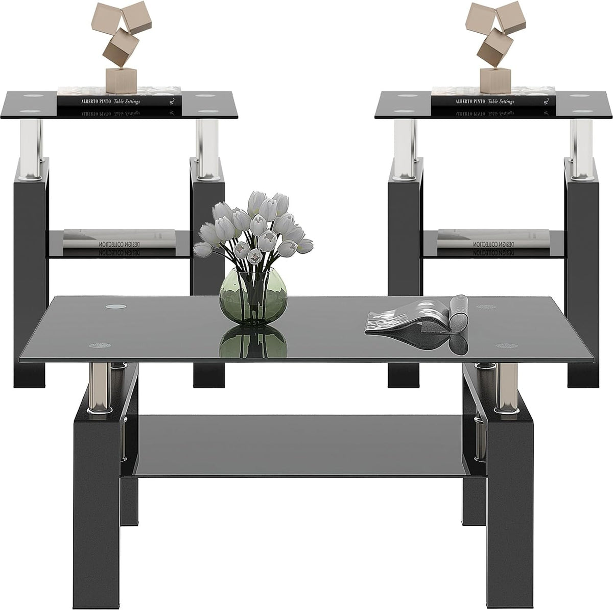 ODUSE-DAILY All Black Glass Coffee Table Set of 3 Piece, Living Room Table Set of 3 Pcs, Black Glass Coffee Table and End Table Sets, Metal Legs, Tempered Glass
