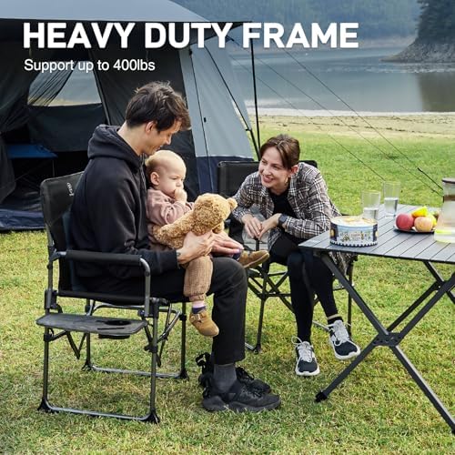 EVER ADVANCED Camping Directors' Chair with Side Table, Portable Folding with Compact Size, Heavy Duty Lawn Chair with Pocket for Camping, Lawn, Sports and Fishing, 400lbs, Black