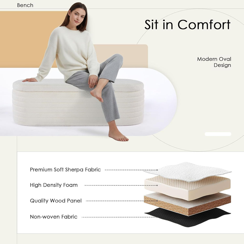 53" Storage Bench Teddy Ottoman Bench Upholstered Fabric Bench End of Bed Stool with Safety Hinge for Bedroom, Living Room, Entryway, White