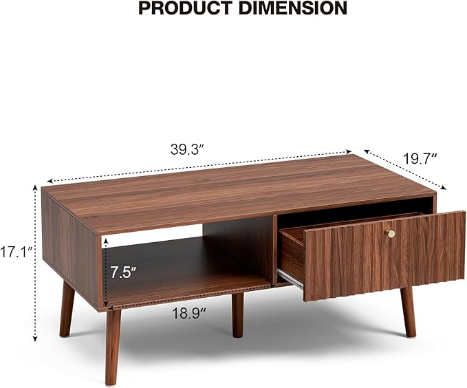 Coffee Table with Storage, Mid Century Dining Table with Fluted Drawer and Solid Wood Legs, Small Coffee Tables for Living Room, Walnut