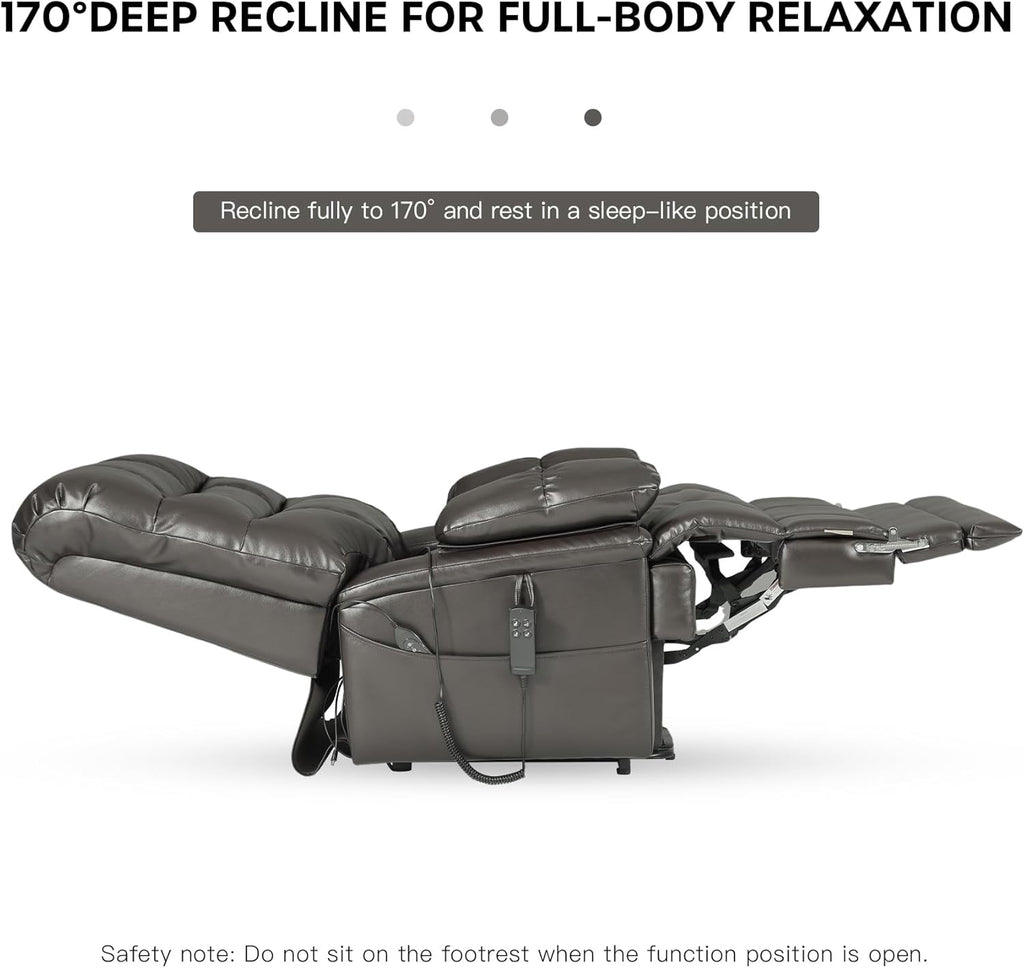DYNOX 500 LBS Power Lift Recliner Chair for Big & Tall Seniors, Extra Large 3-Motor Lay Flat Chair with Heat, Massage & Extended Footrest,Breathable Faux Leather, Gray, 9505L
