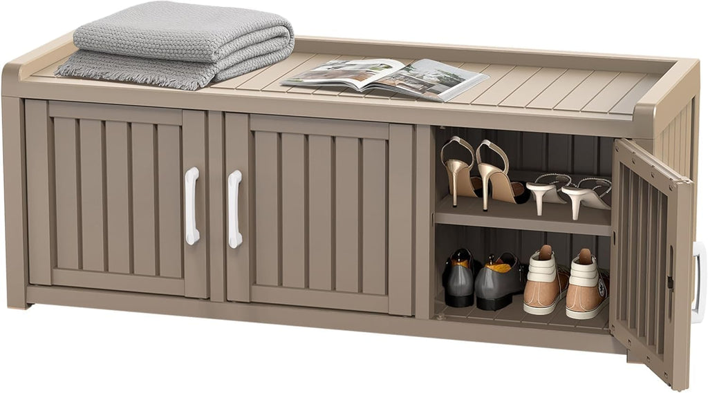 EasyUp Outdoor Shoes Storage Bench, Waterproof Resin Shoe Cabinet, Shoe Bench Entryway,2-Tier Hallway Shoes Rack with Adjustable Shelves for Entryway, Living Room, Bedroom(Grey,3 Door)