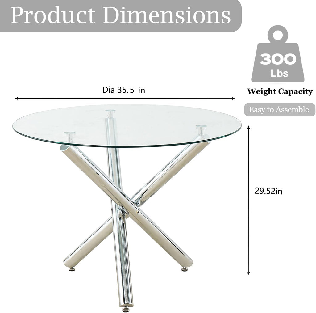 Round Glass Dining Room Table for 2-3, Modern Tempered Glass Top, Sturdy Chrome Legs, Adjustable Foot Pads, Kitchen Table for Living Room, Dining Room, Tea, Home, 35.5 Inch, Round Silver Base