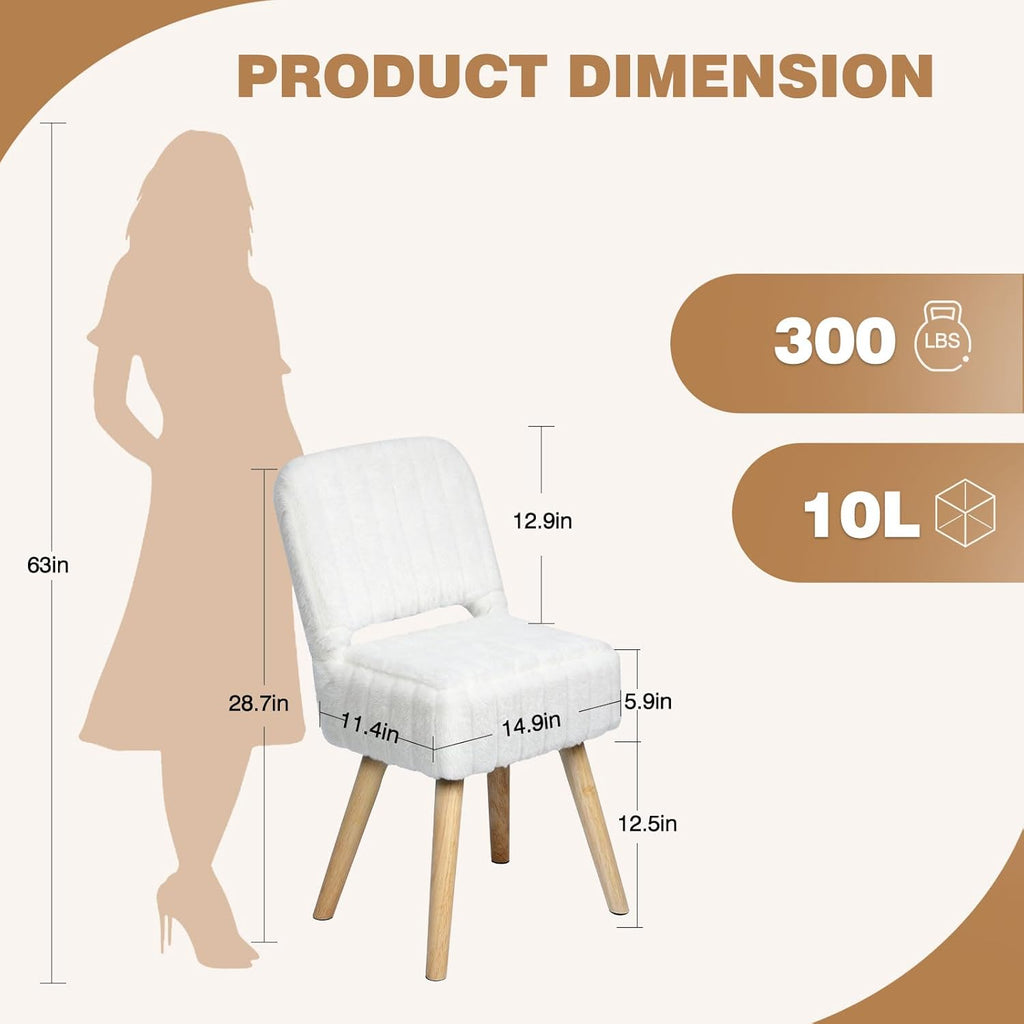 Vanity Stool with Storage & Folding Backrest,Faux Rabbit Fur Small Makeup Chair with 4 Solid Wood Legs,11.4" D x 14.9" W x 28.7" H,Soft Ottoman for Living Room,Bedroom,Closet,White