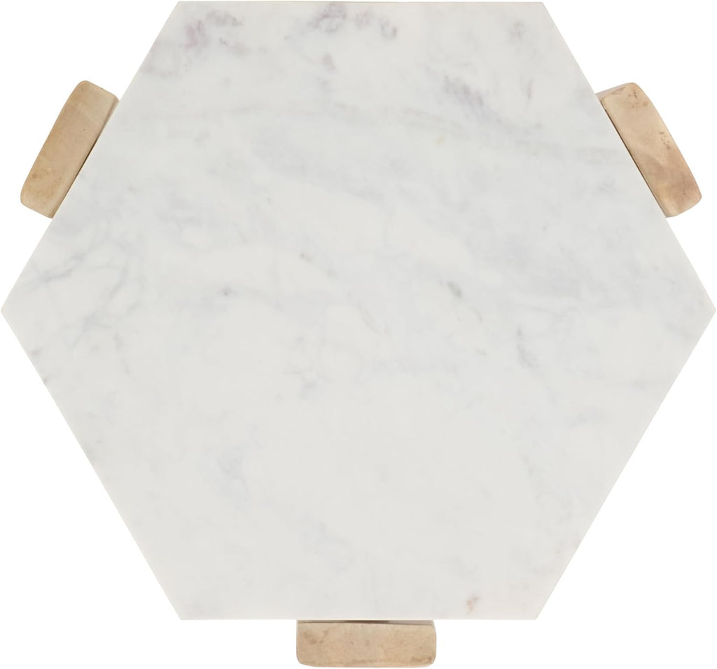 SAFAVIEH Home Collection - Pisa Side Table, White Marble Hexagon Top with Natural Wood Base, Fully Assembled (ACC3733A)