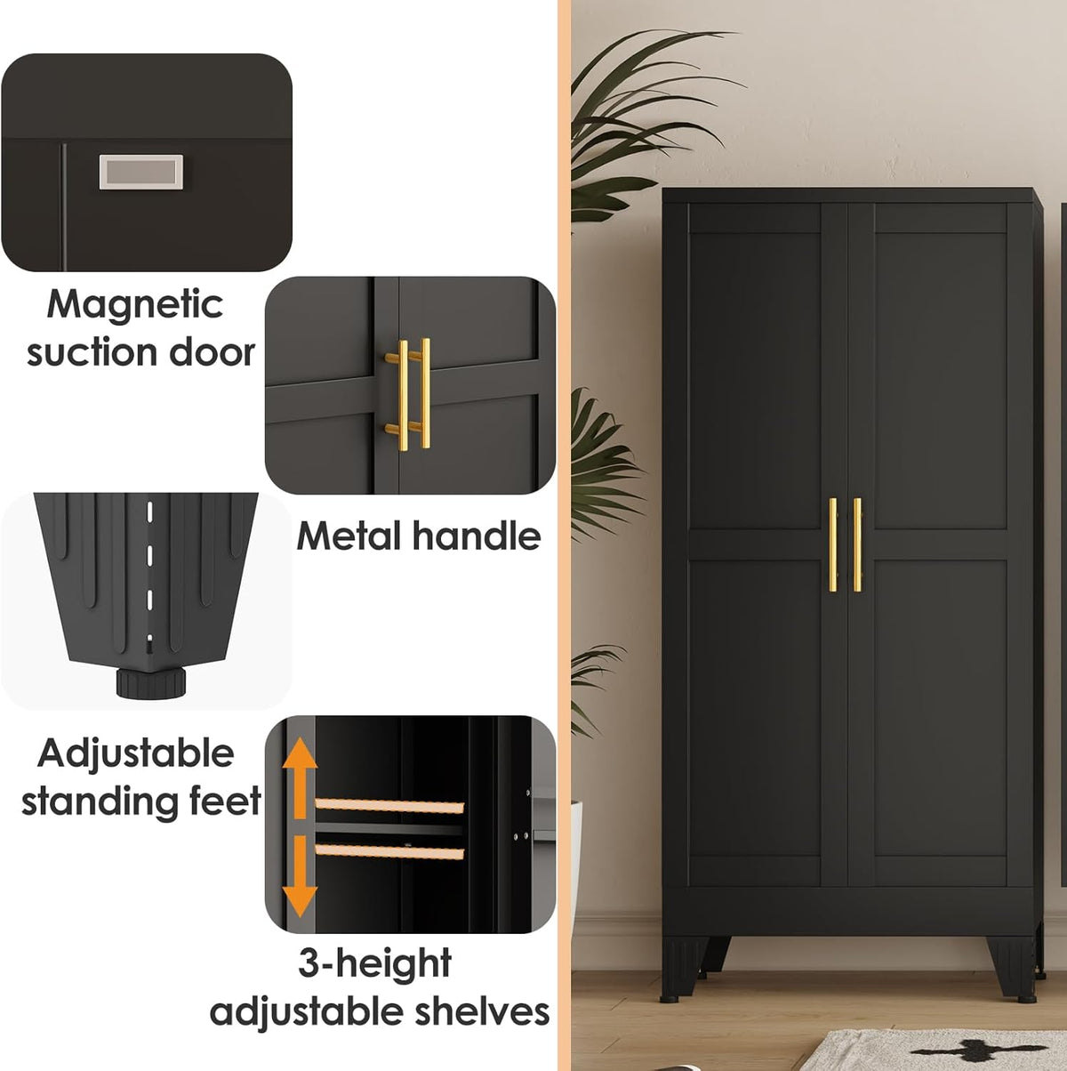 PAOFIN 47" Kitchen Pantry Cabinet, Metal Storage Cabinet with 3 Adjustable Layer Shelves, 8 Door Shelves, Buffet Sideboard for Living Room, Kitchen, Black