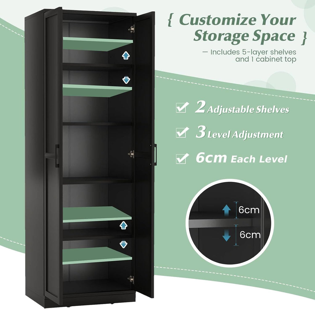 TANGZON Tall Kitchen Cupboard, 5-Tier Storage Cabinet with 2 Adjustable Shelves, Doors & Anti-tipping Device, Freestanding Wooden Tall Sideboard Unit for Pantry Dining Living Room (Black)