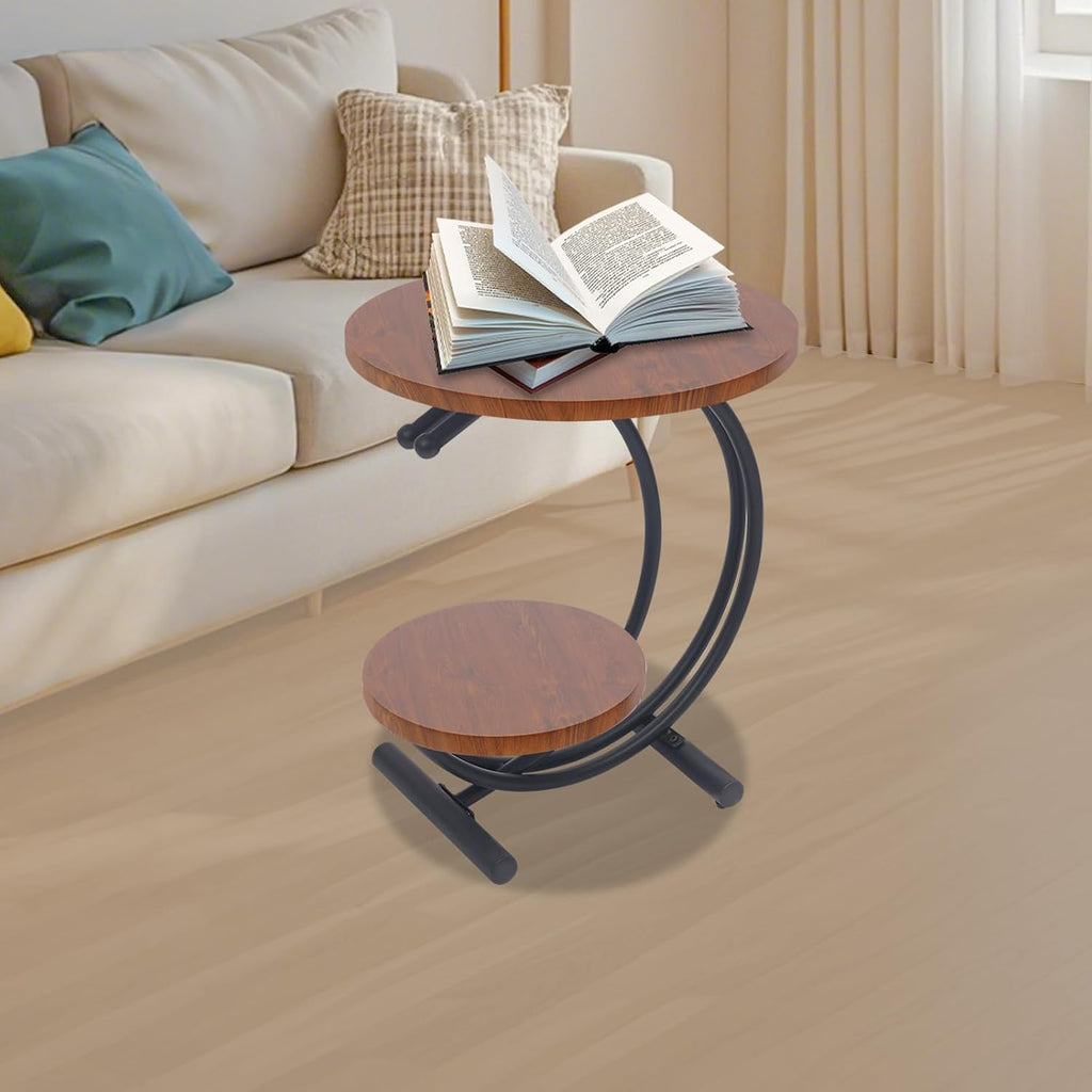 JOMCYDM 2-Tier Side Table, 2-Tier Round End Table, 55x55x60cm End Table with Storage Shelf for Living Room, Bedroom,Floor Standing (Black + Walnut Color)