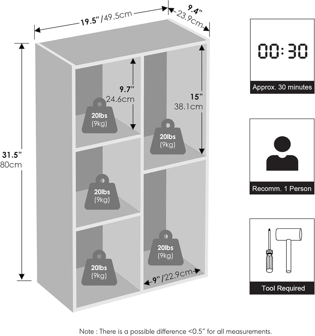 Furinno Reed Closet Organizers and Storage, 5-Cube Reversible Closet Shelves, Closet Organization Shelf, 9.4 x 19.5 x 31.5, for Bedroom, Closet, White