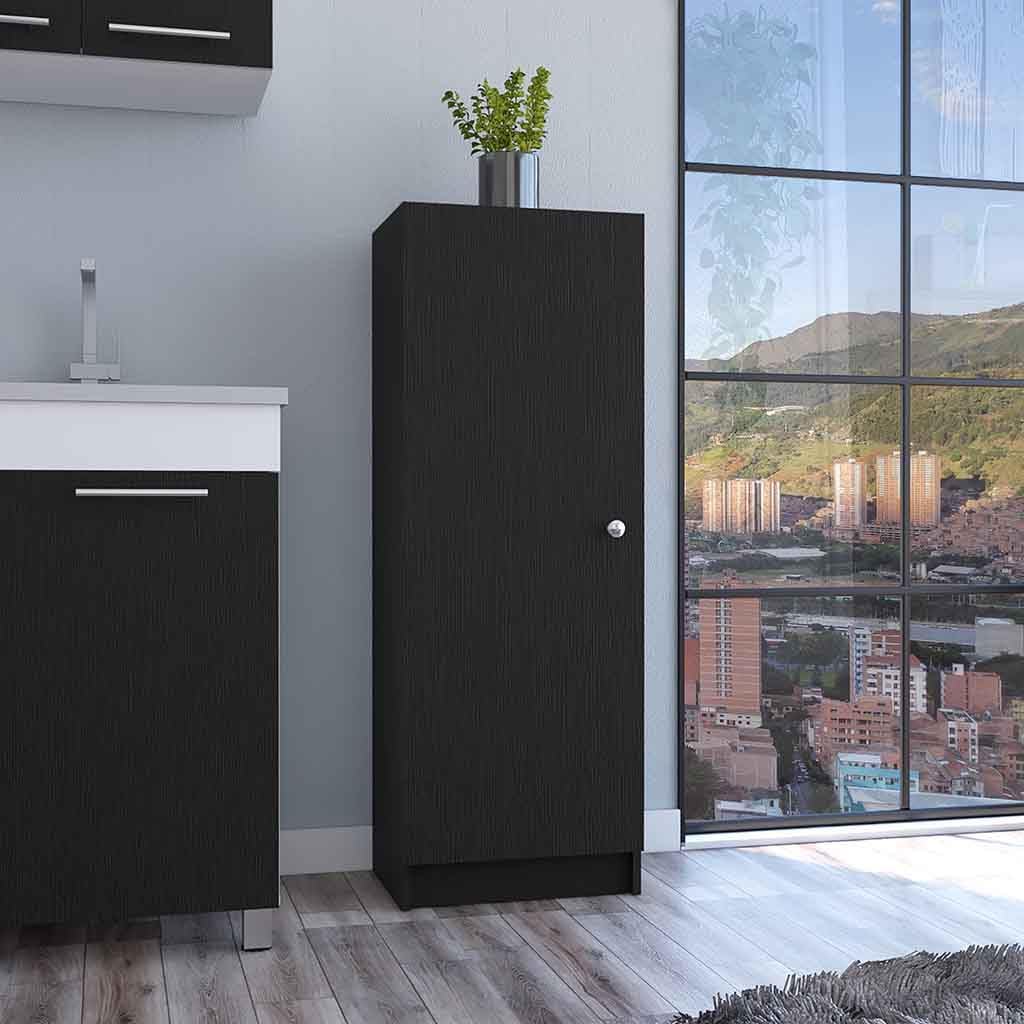 Kitchen Pantry 47" H, One Door Cabinet, Four Interior Shelves, Black