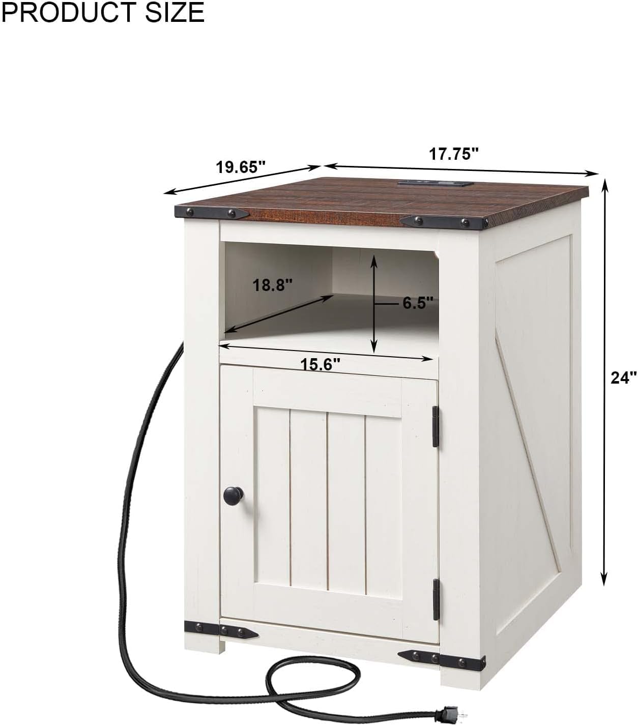 Farmhouse Night Stands Set of 2, 20" End Table w/Charging Station, Rustic Wood Bedside Table w/Groove Barn Door, Side Table with Storage w/Open & Adjustable Shelf for Bedroom, Living Room (White)