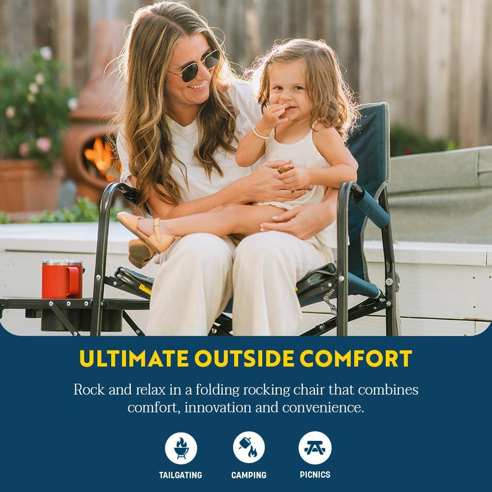 GCI OUTDOOR Freestyle Rocker with Side Table Camping Chair | Portable Folding Rocking Chair with Solid, Durable Armrests, Drink Holder & Comfortable Backrest — Heathered Indigo