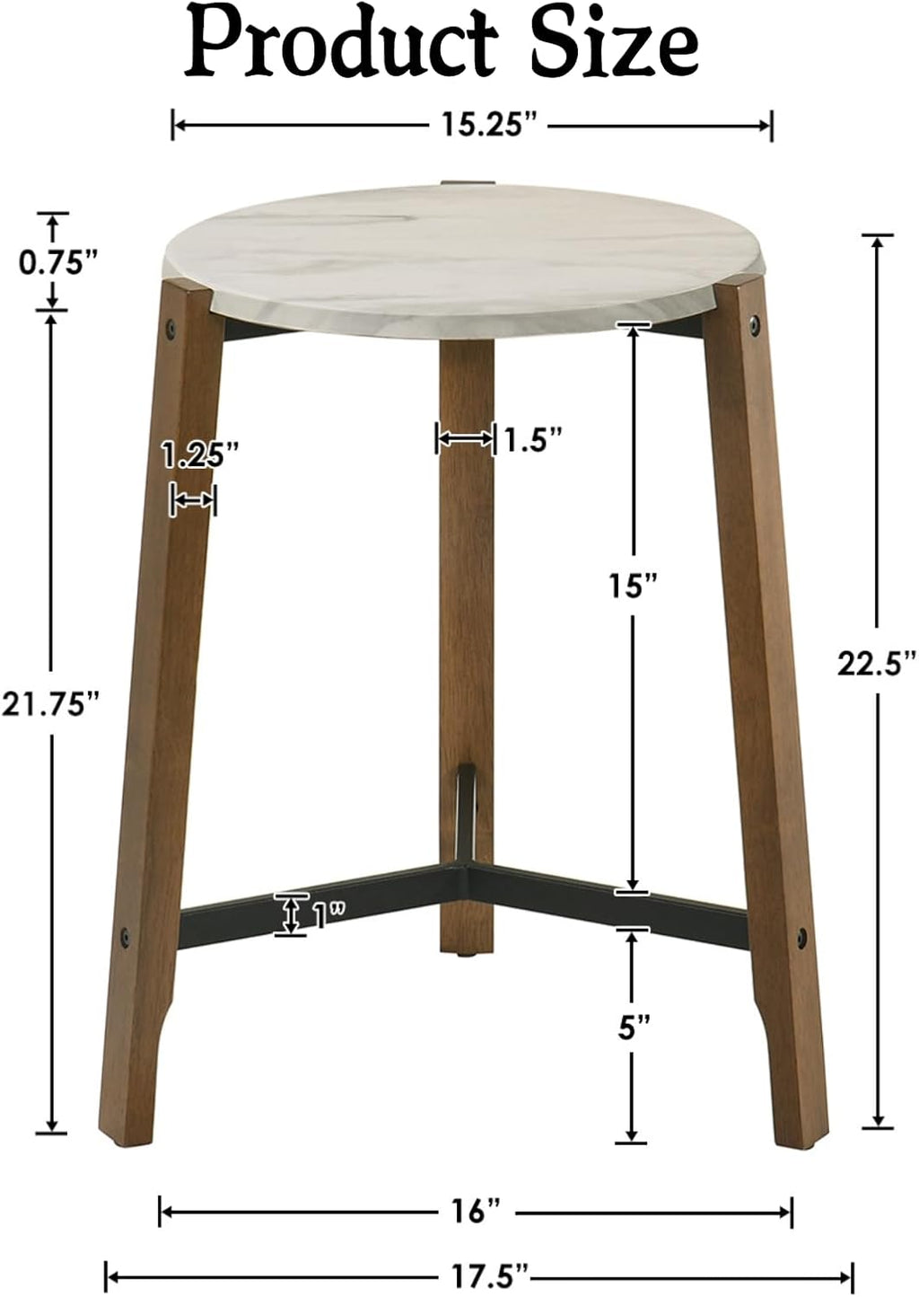 CIMOTA Round Side Table, 22.5" End Accent Table with Solid Wood Leg, White Marble Texture Tabletop, Metal Beam, Round Nightstand for Small Spaces/Living Room/Bedroom, White