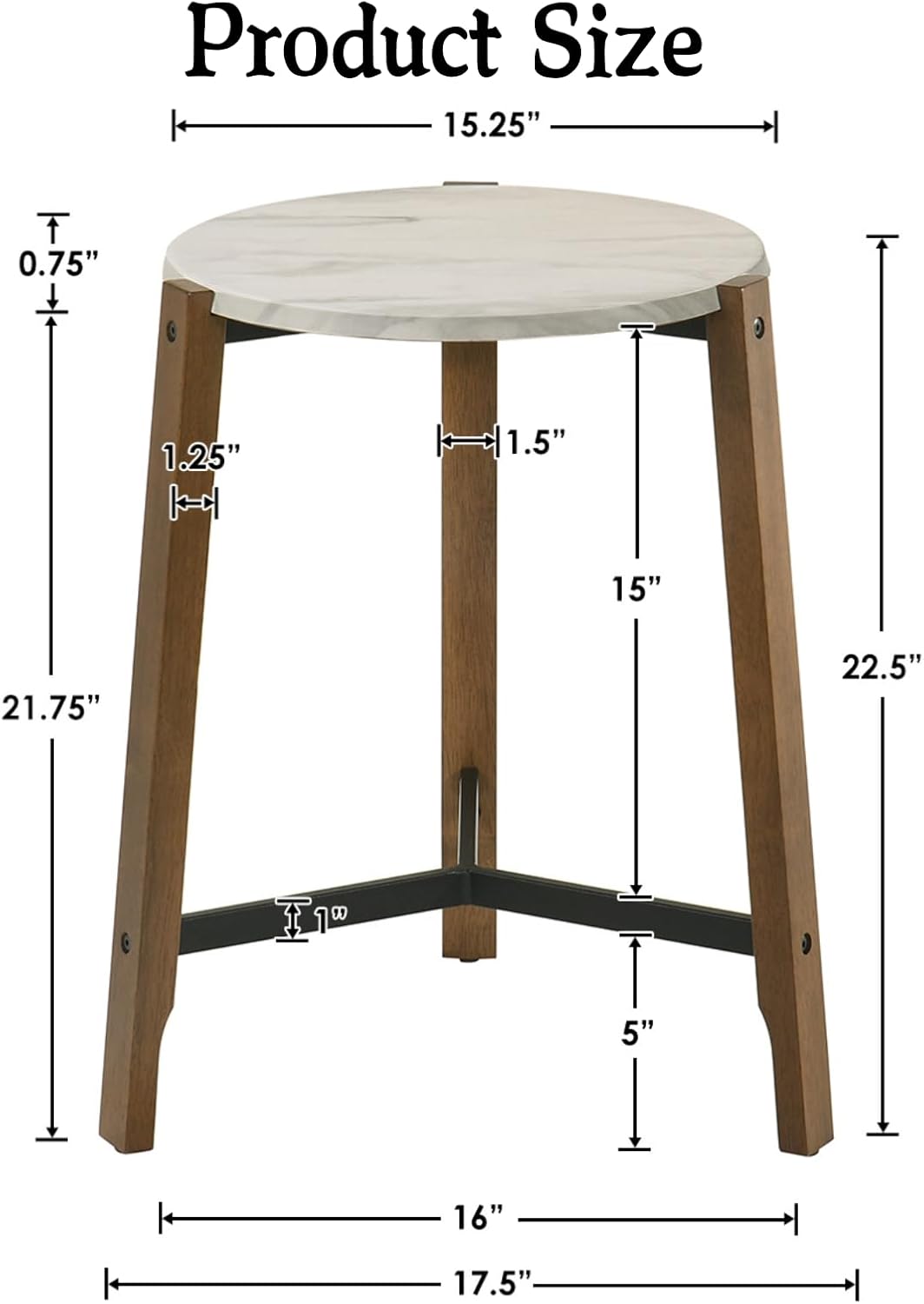 CIMOTA Round Side Table, 22.5" End Accent Table with Solid Wood Leg, White Marble Texture Tabletop, Metal Beam, Round Nightstand for Small Spaces/Living Room/Bedroom, White