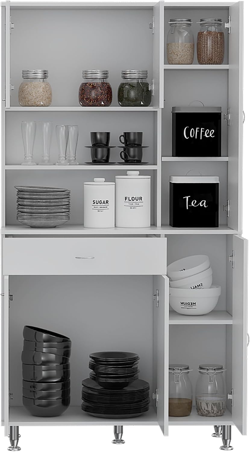 90 Kitchen Pantry Cabinet, Two Open Shelves, One Drawer, Multiple Cabinets, White