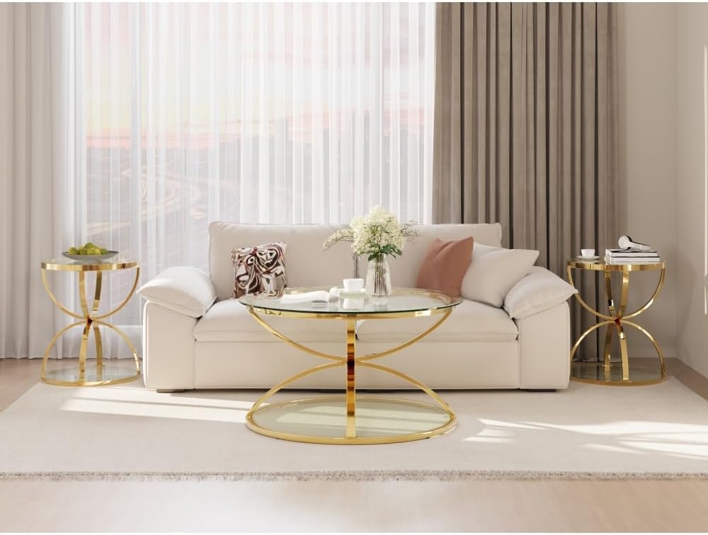 Round Coffee Table Set of 2, Gold Metal Frame with Clear Tempered Glass | Ring-Shaped Frames with Two Clear Glass Tiers for Living Room, Bedroom, or Office
