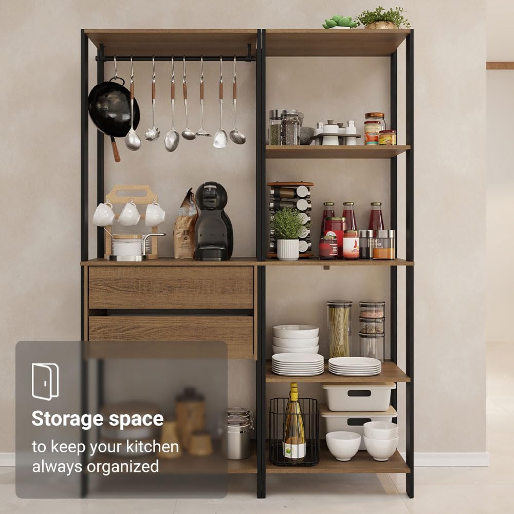 Madesa Kitchen Pantry Storage Rack with 2 Drawers, 7 Shelves and Hanging Space 51" L Multiuse Modular Cabinet for Kitchen Organization - Black/Brown