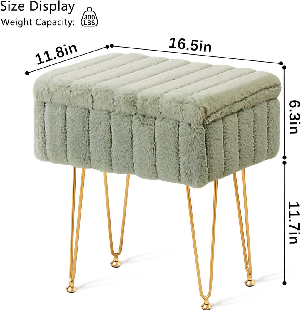 Wimarsbon Faux Mink Fur Storage Ottoman, Modern Soft Footstool, Storage Bench with Metal Legs, Vanity Seat, Fur Stool, Ottoman Coffee Table, Makeup Chair, Vanity Stools for Bedroom (Light Green) | Luxurious soft faux mink fur upholstery, Sleek golden