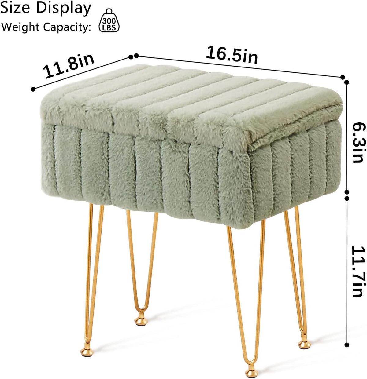 Wimarsbon Faux Mink Fur Storage Ottoman, Modern Soft Footstool, Storage Bench with Metal Legs, Vanity Seat, Fur Stool, Ottoman Coffee Table, Makeup Chair, Vanity Stools for Bedroom (Light Green) | Luxurious soft faux mink fur upholstery, Sleek golden