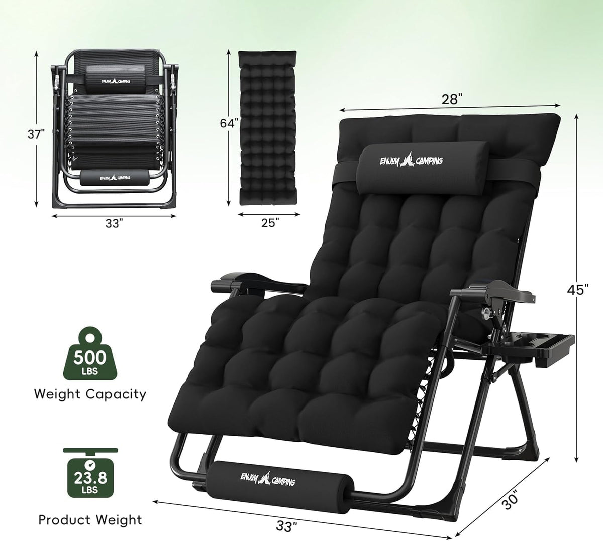 Amopatio Oversized Zero Gravity Chair XXL 33Inch Reclining Camping Lounge Chairs w/Removable Cushion&Headrest, Upgraded Lock and Footrest, Folding Patio Recliner for Indoor Outdoor, Black