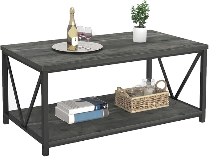 EXCEFUR Coffee Table, Rustic Wood and Metal Center Table for Living Room, 39.3 Inch Grey