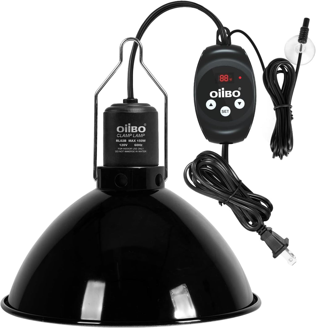 Oiibo Reptile Light Fixture with Dimming Thermostat, 8.5inch Deep Dome Reptile Lamp Fixture, Reptiles Heat Lamp Fixture for UVB Bulb Basking Heat Bulb, Max 150W