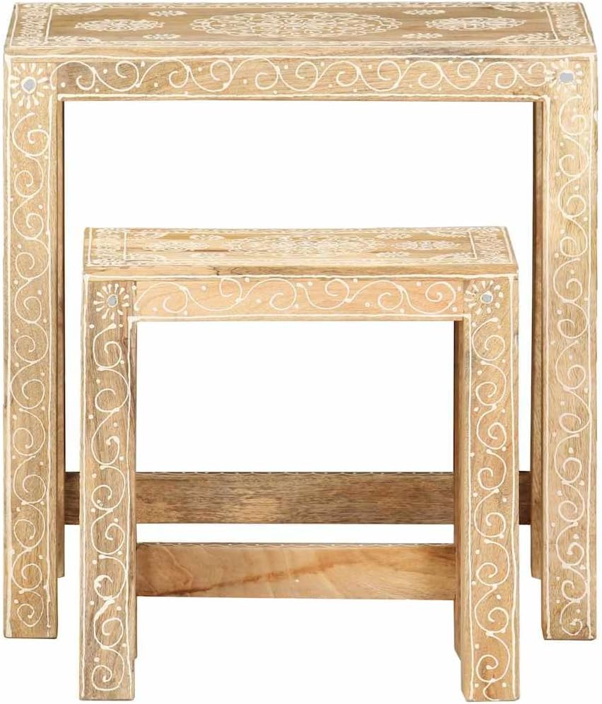 2 Piece Side Table Set Solid Mango Wood Hand-Painted Nesting Tables for Living Room Brown
