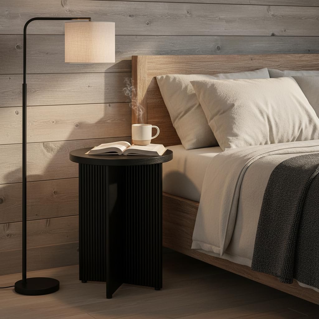 Fluted Side Table, Small Oak End Tables, Round Top, Living Room Side Table, Solid Natural Oak Wood X Base, Black Accent Bedside Table With Double Veneer Top, Size 22.5 with Levelers Included