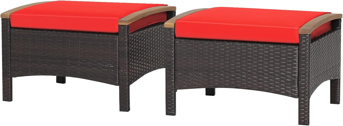 RELAX4LIFE Outdoor Wicker Ottomans for Patio - 2 Pieces PE Rattan Ottoman, Footrest Seat with Zippered Cushions, Acacia Wood Handles, 3-in-1 Footstool, Side Table for Poolside, Backyard (Red)
