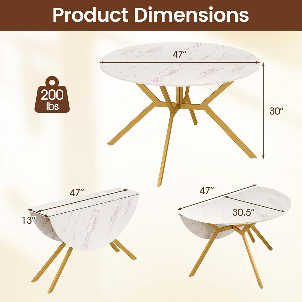 Giantex Folding Dining Table for 4-6 People, 47" Round Drop Leaf Table with Metal Frame, Mid-Century Modern Expandable Kitchen Tables for Small Spaces Dinette Living Room Restaurant (White)