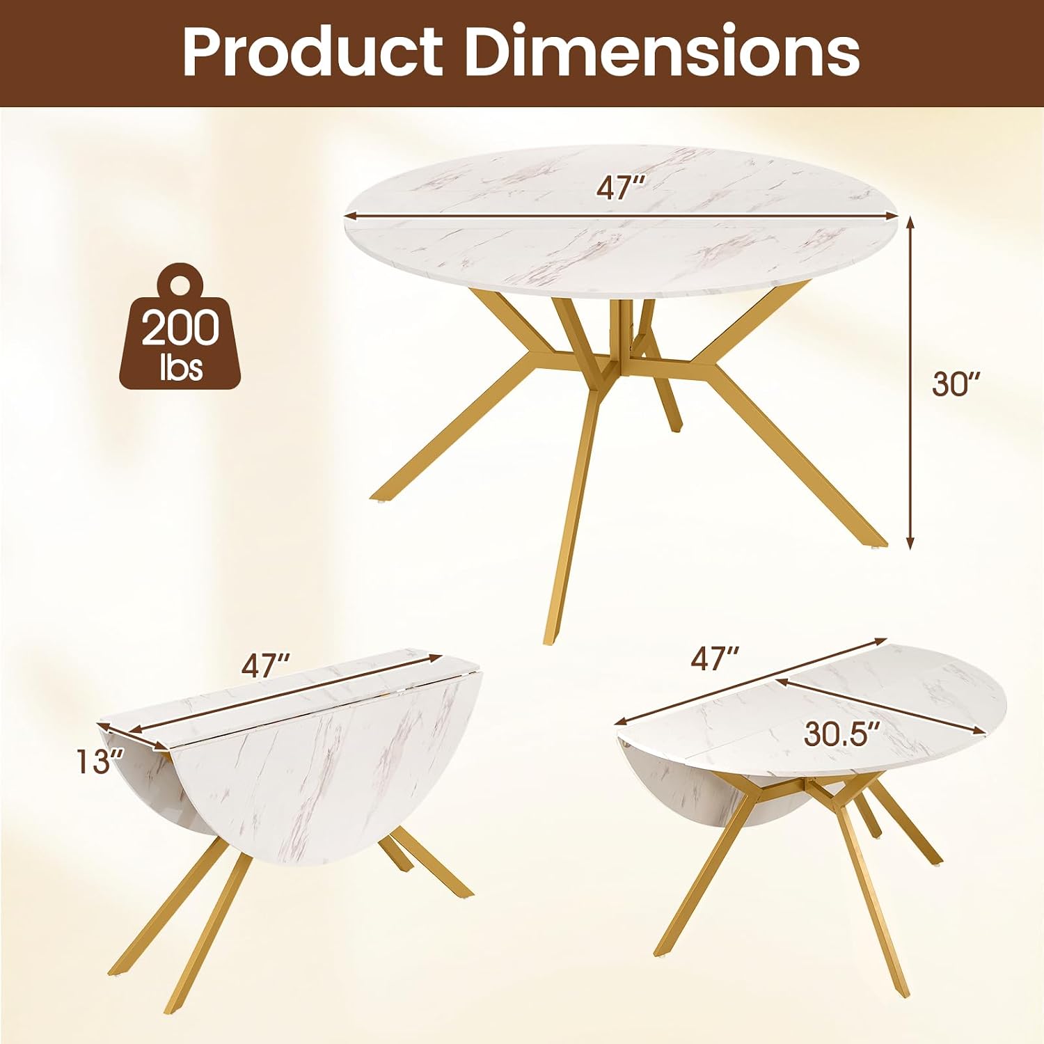 Giantex Folding Dining Table for 4-6 People, 47" Round Drop Leaf Table with Metal Frame, Mid-Century Modern Expandable Kitchen Tables for Small Spaces Dinette Living Room Restaurant (White)