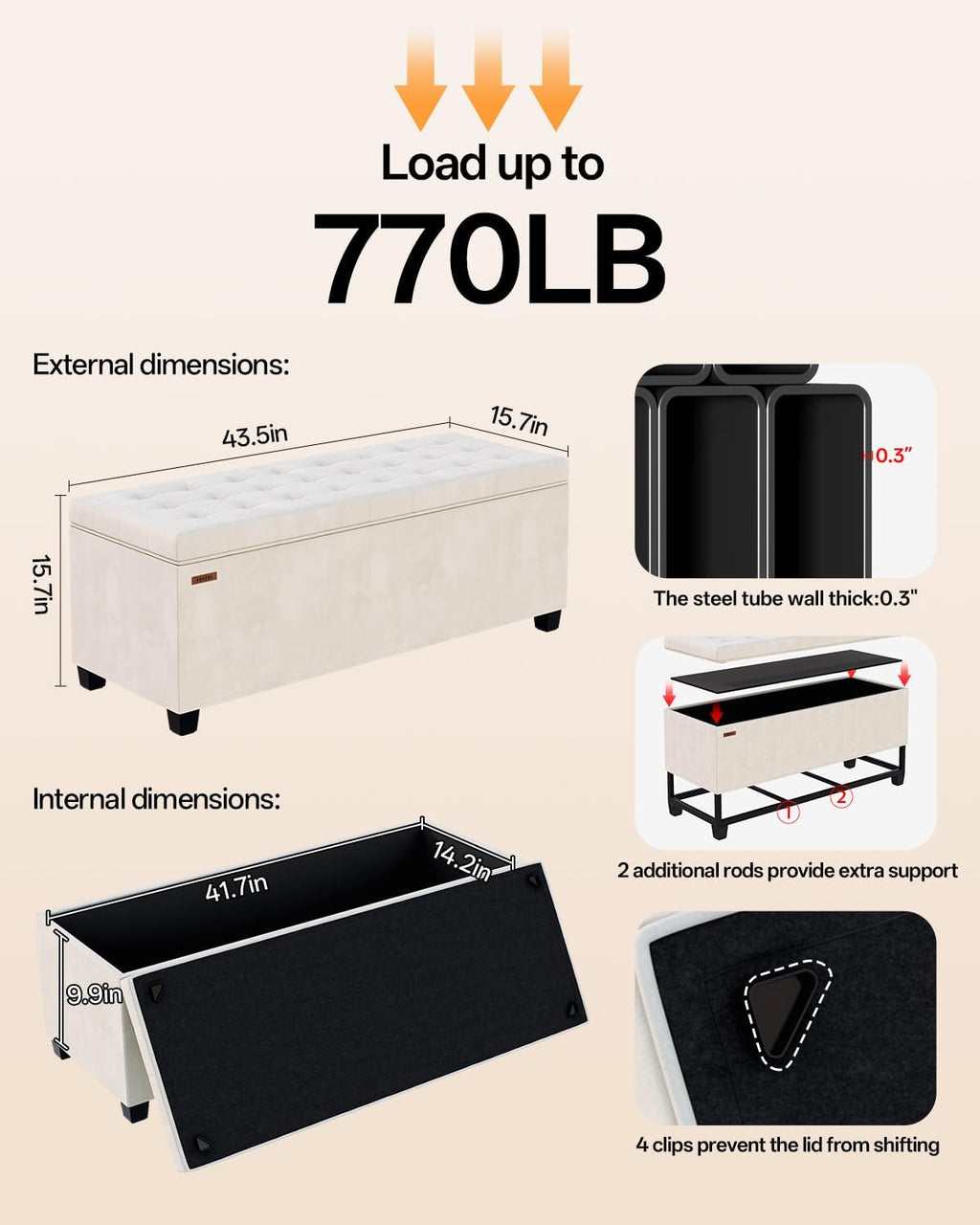 ABHENG Velvet Storage ottoman bench with legs,43.5”W x 15.7”D x 15.7”H,metal frame end of bed bench hold up to 770 LB,Large Storage Chest hold up to 770 LB,White UASND623W