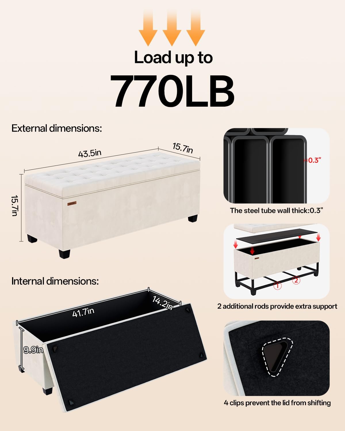 ABHENG Velvet Storage ottoman bench with legs,43.5”W x 15.7”D x 15.7”H,metal frame end of bed bench hold up to 770 LB,Large Storage Chest hold up to 770 LB,White UASND623W
