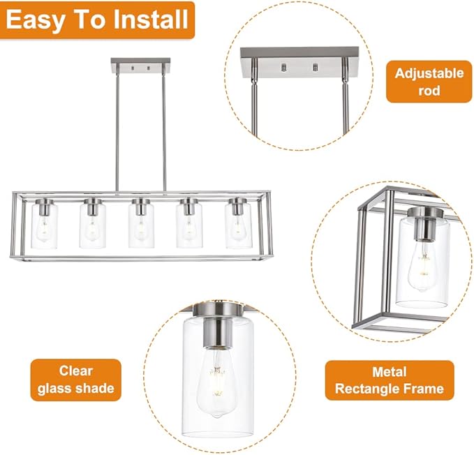 VINLUZ Contemporary Chandeliers Brushed Nickel 5 Light Modern Dining Room Lighting Fixtures Hanging, Kitchen Island Linear Pendant Lights Farmhouse Flush Mount Ceiling Light with Glass Shade