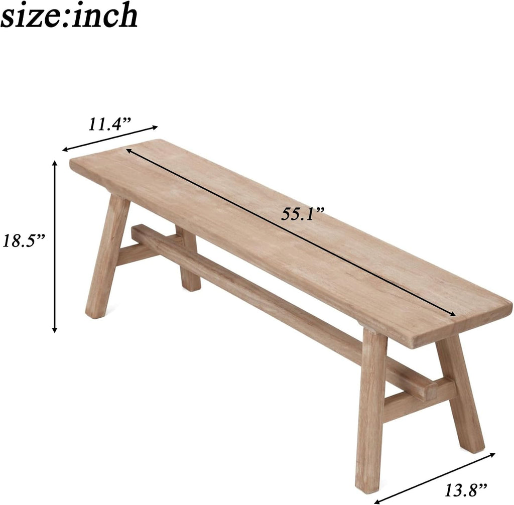 Solid Wood Bench 55 in, Rustic Farmhouse Entryway Bench with Storage, Indoor Shoe Bench, Natural Wood Tone