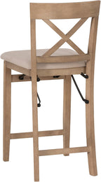 Linon Triena X Back Neutral Greywash Wooden Fully Assembled Folding 24 Inch Seat Height Counter Stool with Beige Upholstered Seat