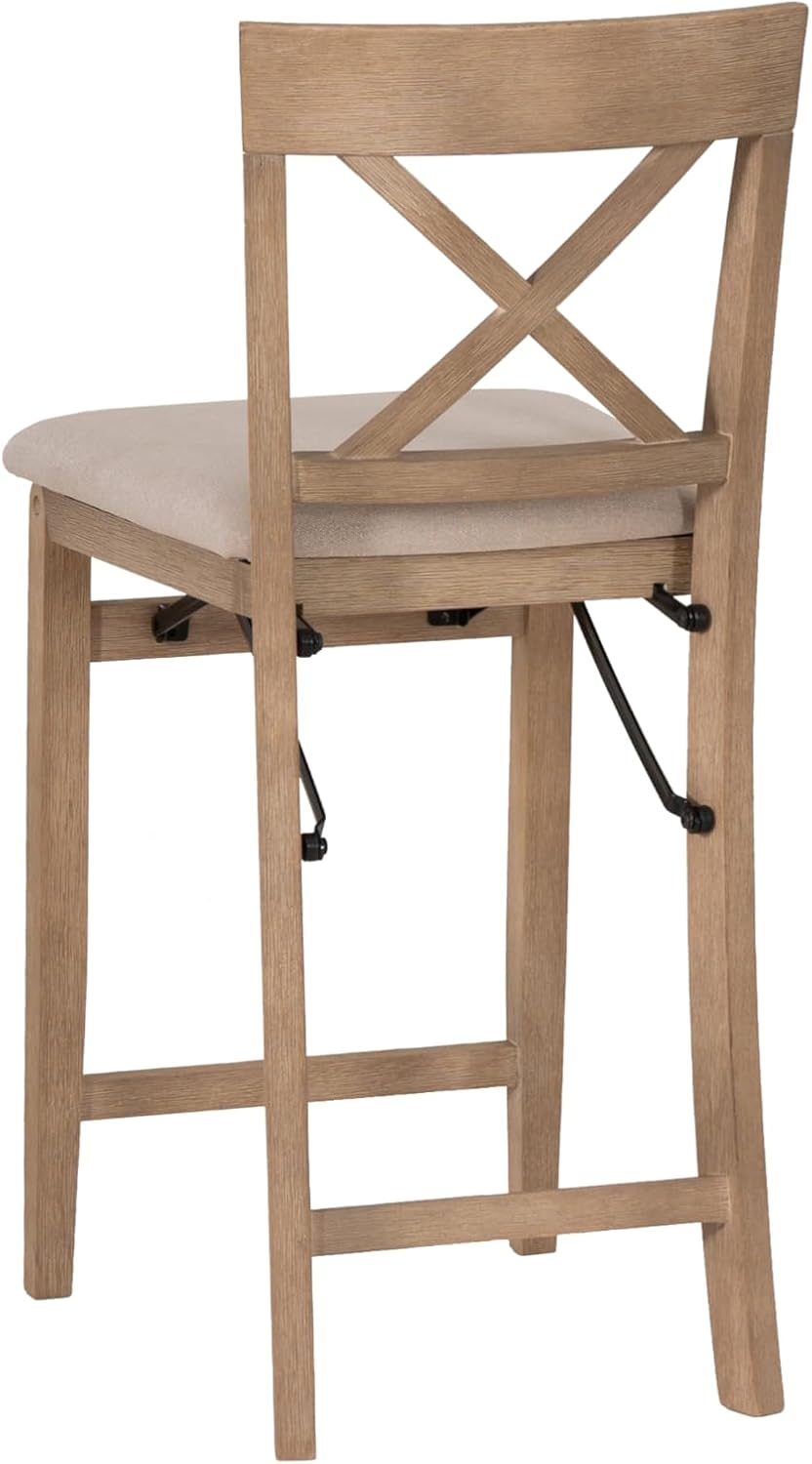 Linon Triena X Back Neutral Greywash Wooden Fully Assembled Folding 24 Inch Seat Height Counter Stool with Beige Upholstered Seat