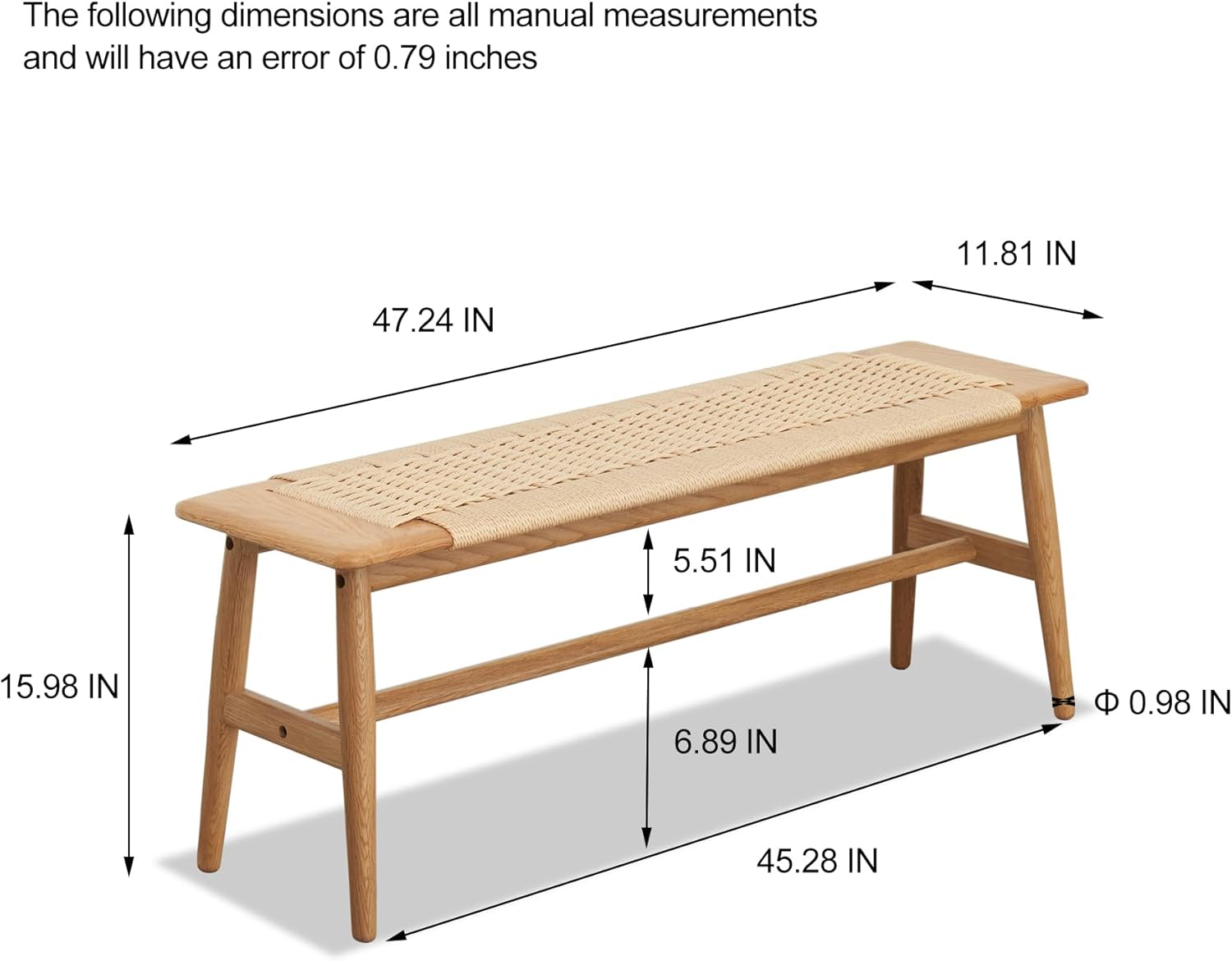 Rattan Wood Bench,100% Solid Oak Dining Bench with Woven Design, Sturdy Mortise Bench for Bench,Entryway,Dining,White/Beige Color (47.24inch Beige Color)