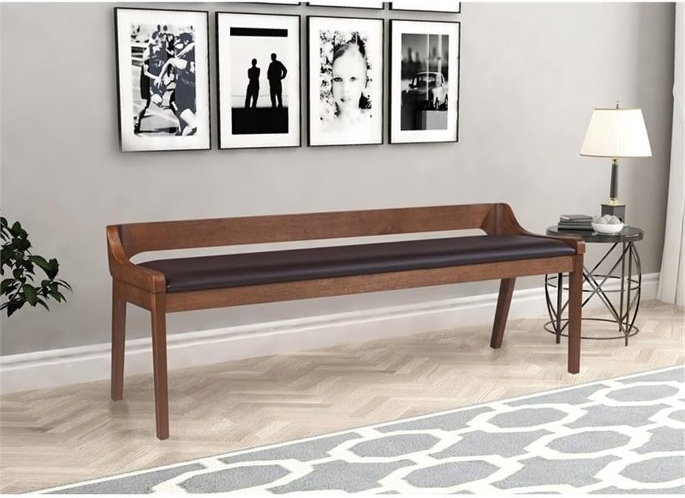 BOWERY HILL Modern Dining Bench, Rubberwood Frame, Chestnut Wire-Brush Finish, Brown Faux Leather Upholstery, 60" Wide, Seats 2, High-Density Foam Cushion, Kitchen or Dining Room Seating