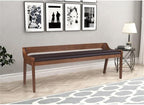 BOWERY HILL Modern Dining Bench, Rubberwood Frame, Chestnut Wire-Brush Finish, Brown Faux Leather Upholstery, 60" Wide, Seats 2, High-Density Foam Cushion, Kitchen or Dining Room Seating
