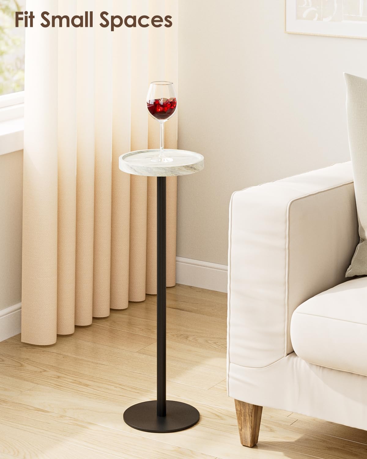 Drink Table, Small Pedestal Side Table, Round Cocktail Table, Circle Accent End Table with Metal Base, for Small Spaces (1, White Marble)