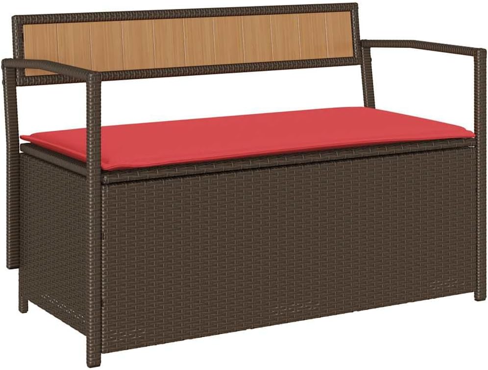 Patio Storage Bench with Cushion, Brown Poly Rattan Outdoor Garden Seat with Waterproof Inner Bag, Gas Spring Lid for Deck Porch Backyard