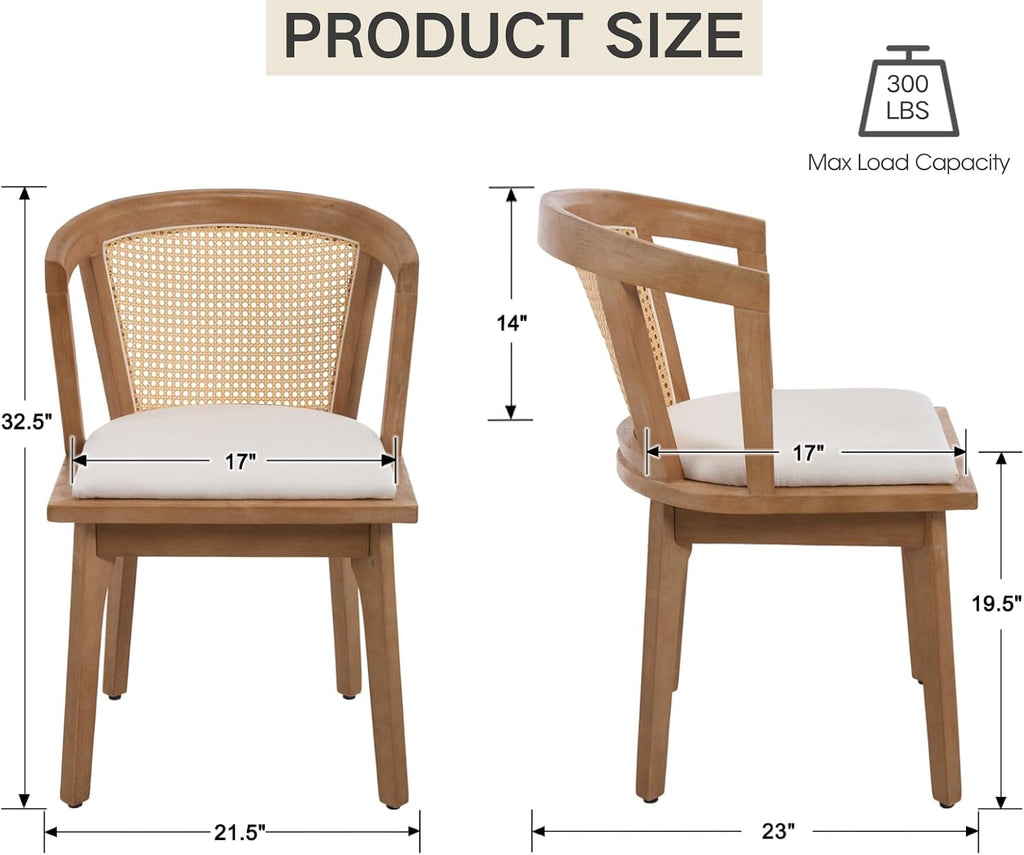 CIMOTA Mid-Century Modern Rattan Wood Dining Chairs Set of 8, Farmhouse Kitchen Chairs with Barrel Cane Backrest/Upholstered Seat/Natural Oak Finish for Dining Room/Cafe/Bistro, Linen Beige